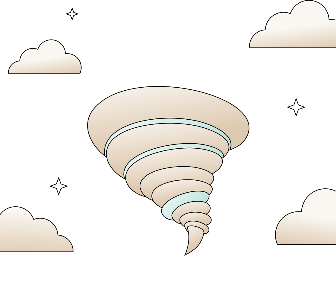 Illustration of a beige and light blue tornado swirling in a black sky with white clouds and stars.
