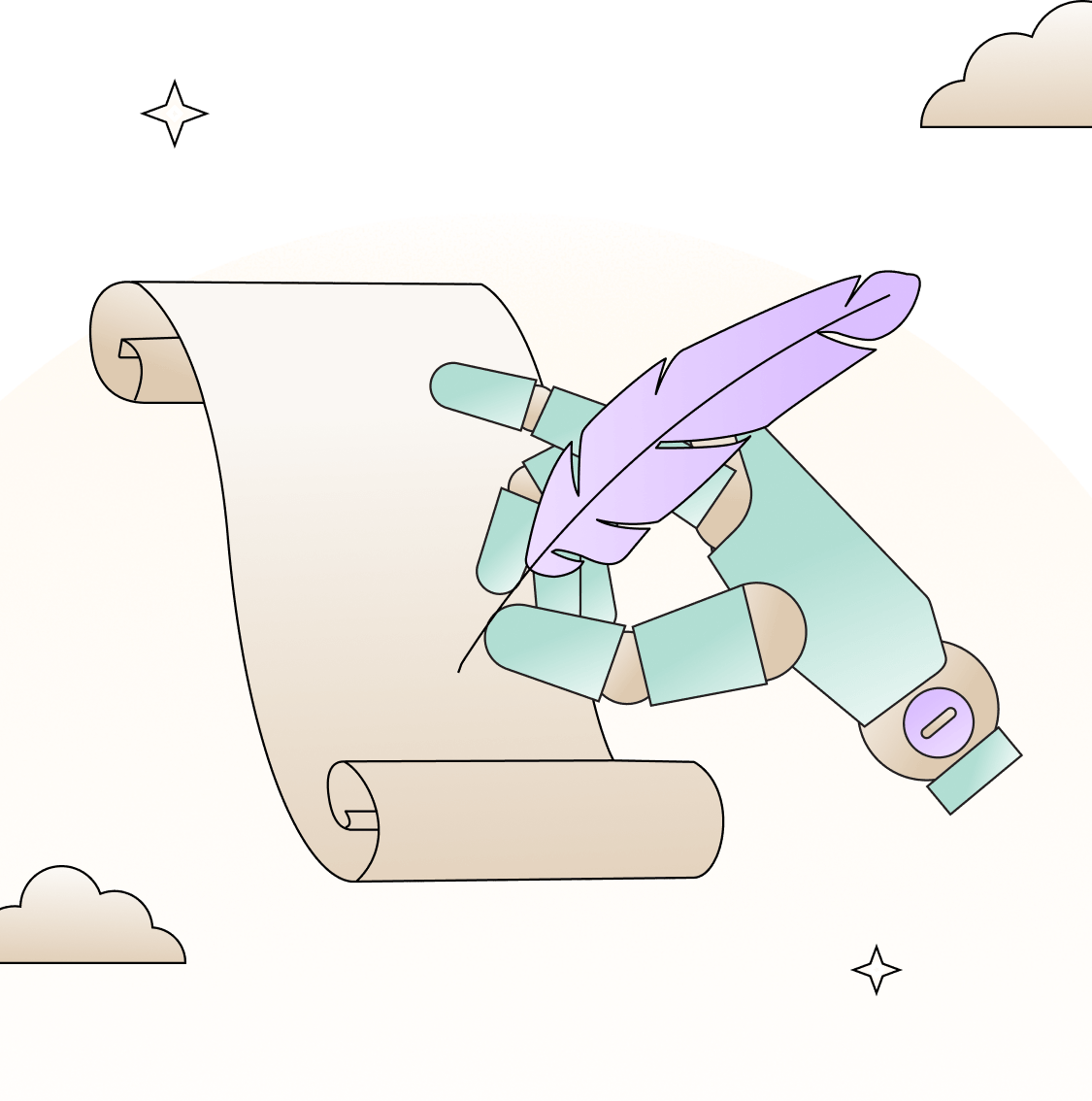 Illustration of a robotic hand holding a purple quill pen writing on a parchment scroll.