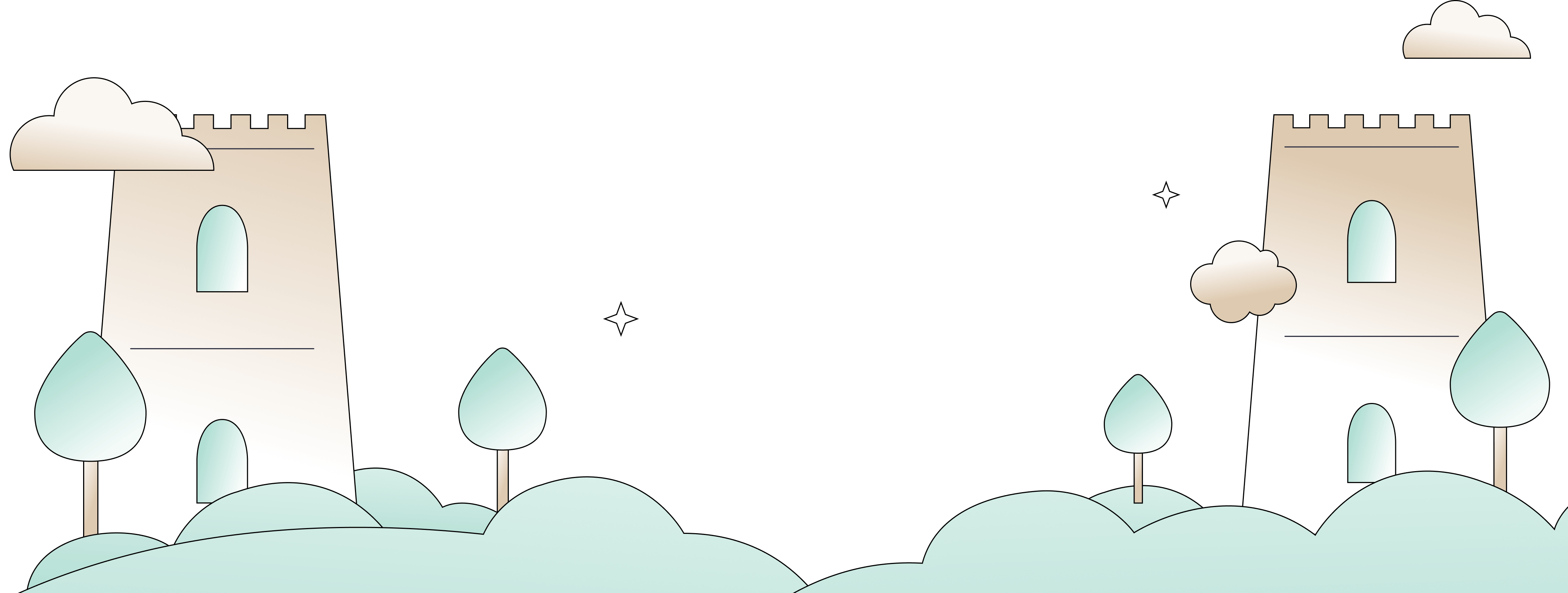 Minimalistic landscape with a pathway, two trees, bushes, clouds, and a signpost labeled AI pointing right.