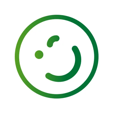 Grünes, vereinfachtes Symbol eines Lächelns mit einem offenen Auge, leicht geneigtem Mund und einem Punkt als anderem Auge in einem weißen Kreis.