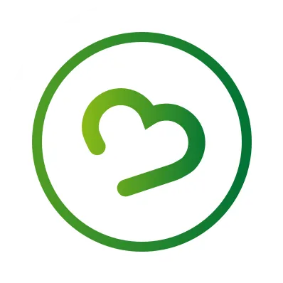 Grünes rundes Symbol mit einer stilisierten Herzform in der Mitte, umgeben von einem dünnen grünen Kreis.