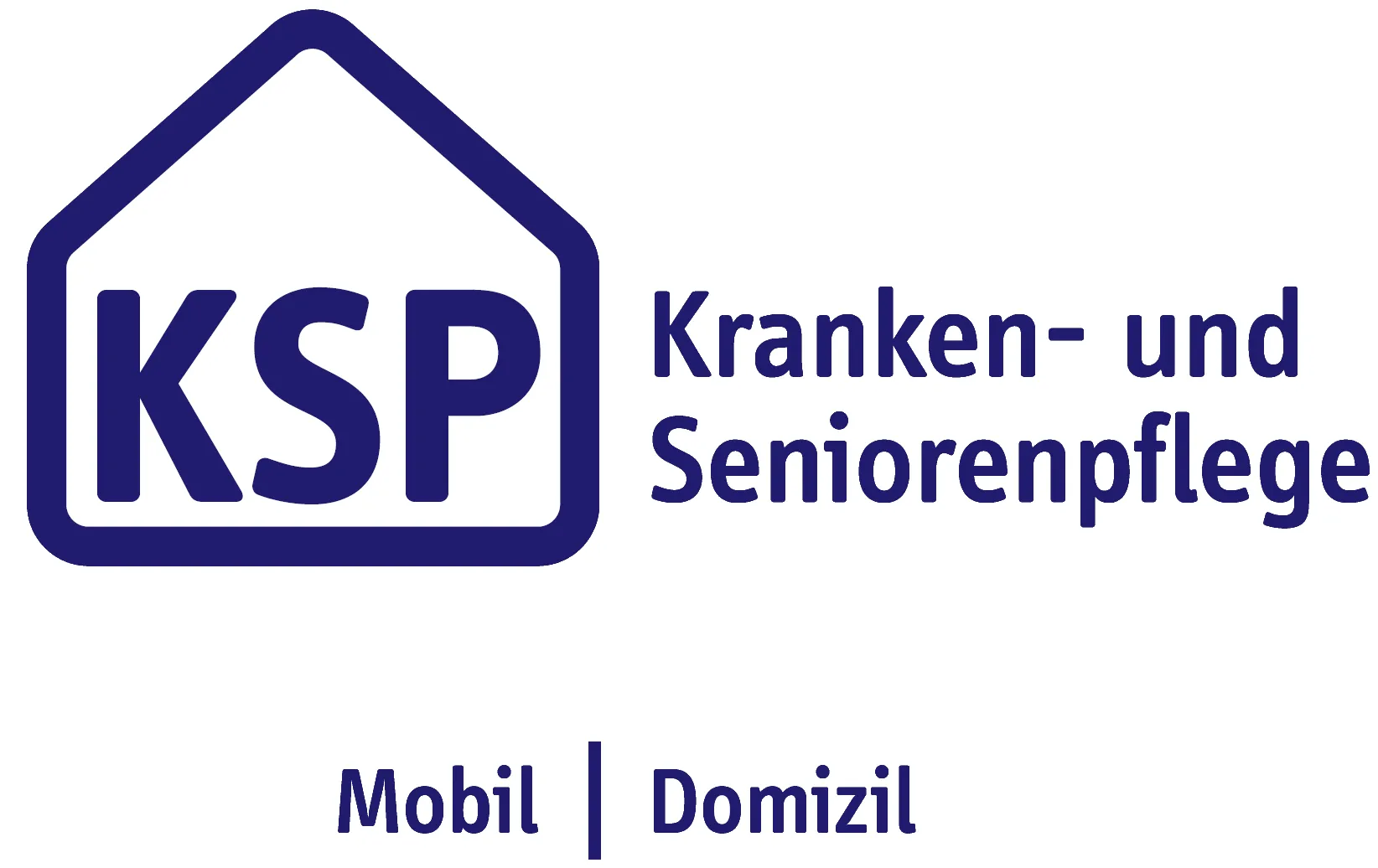 Logo mit dem Schriftzug KSP in einem Hausumriss und dem Text Kranken- und Seniorenpflege, darunter die Worte Mobil und Domizil getrennt durch eine Linie.