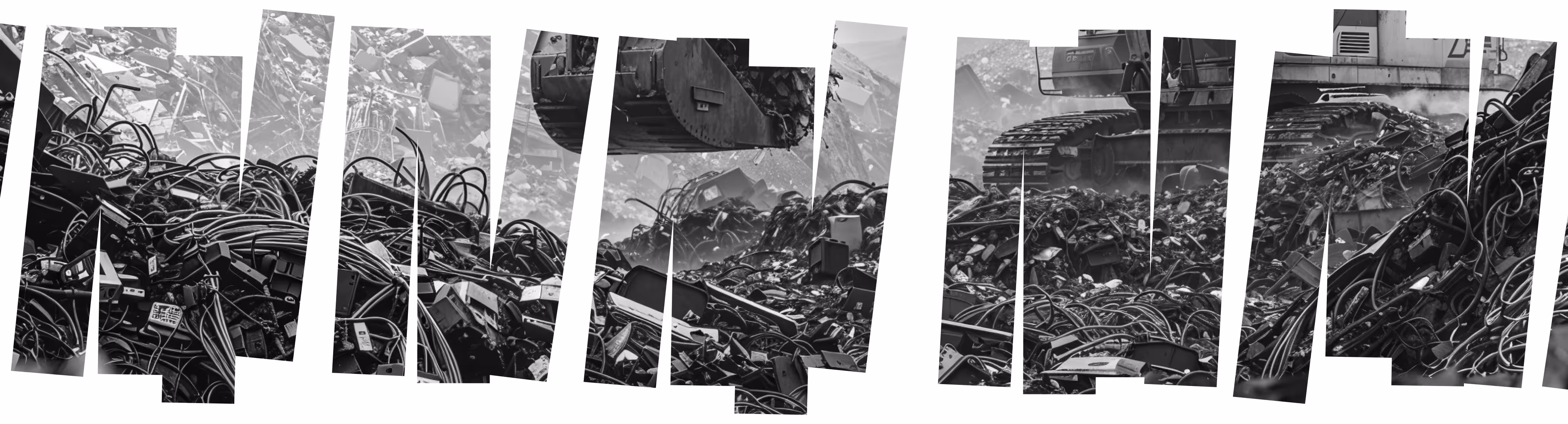 Heavy machinery working on a large pile of tangled scrap metal and electronic waste in a recycling yard.