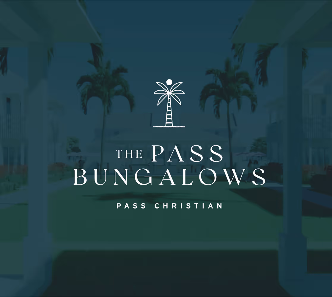 Logo of The Pass Bungalows with a stylized palm tree icon above the text, set against a background of a courtyard with palm trees.