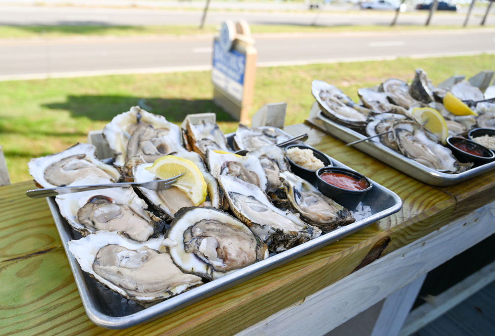 Two trays of raw oysters on ice with lemon wedges, cocktail sauce, and horseradish on a wooden counter outside.