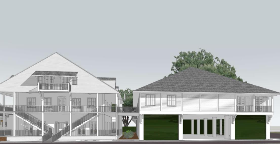 Architectural rendering of two connected two-story buildings with white siding, exterior staircases, and green garage doors under a gray sky.