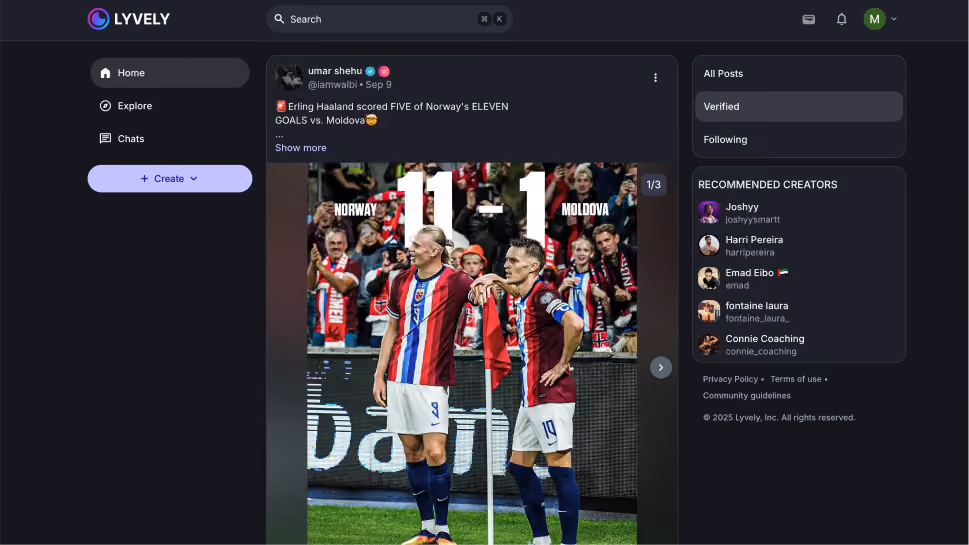 Social media post on Lyvely platform showing two Norway soccer players in red and blue uniforms standing on the field