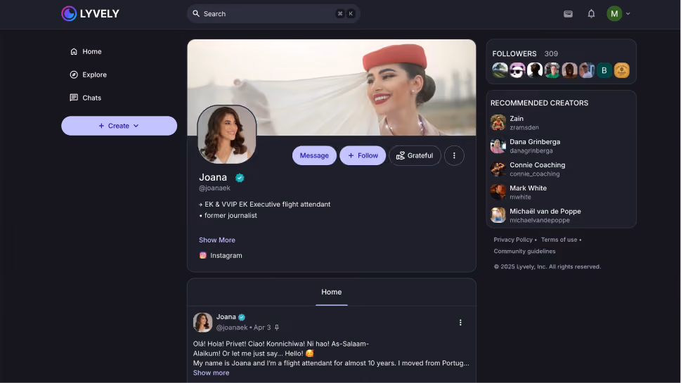 User profile page on Lyvely social platform showing a verified user and executive flight attendant, with profile and cover photos.
