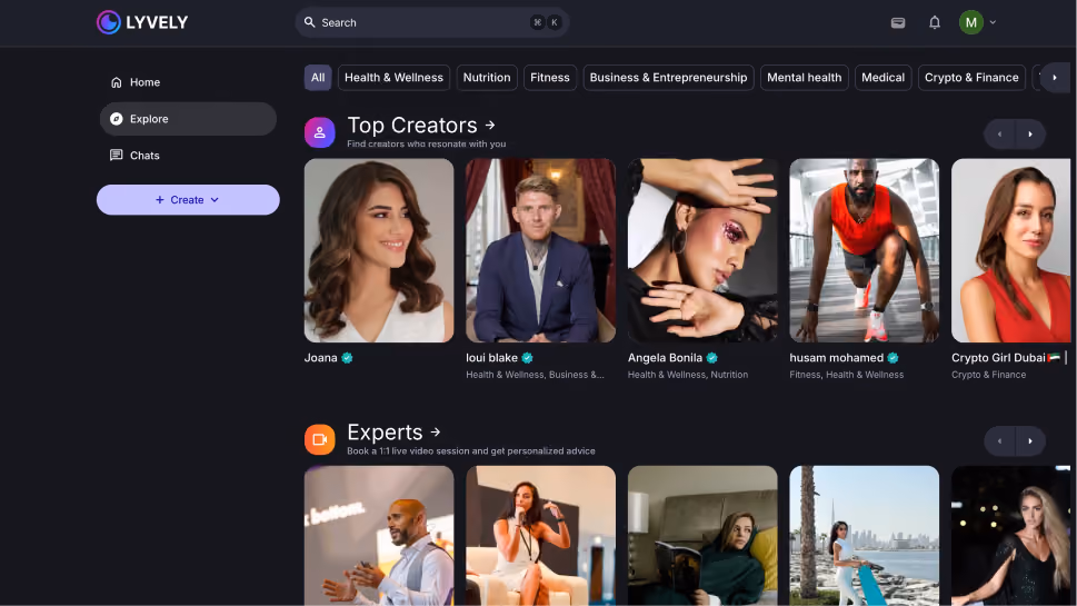Screenshot of the Lyvely platform showing a dark-themed user interface with a sidebar menu having Home, Explore, Chats, and a Create button.