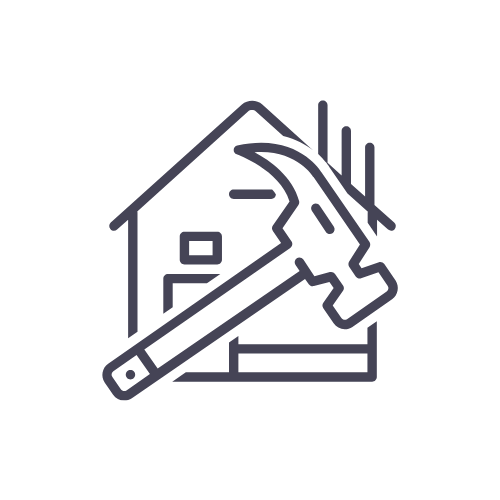 Icon of a hammer striking in front of a house outline representing home repair or construction.