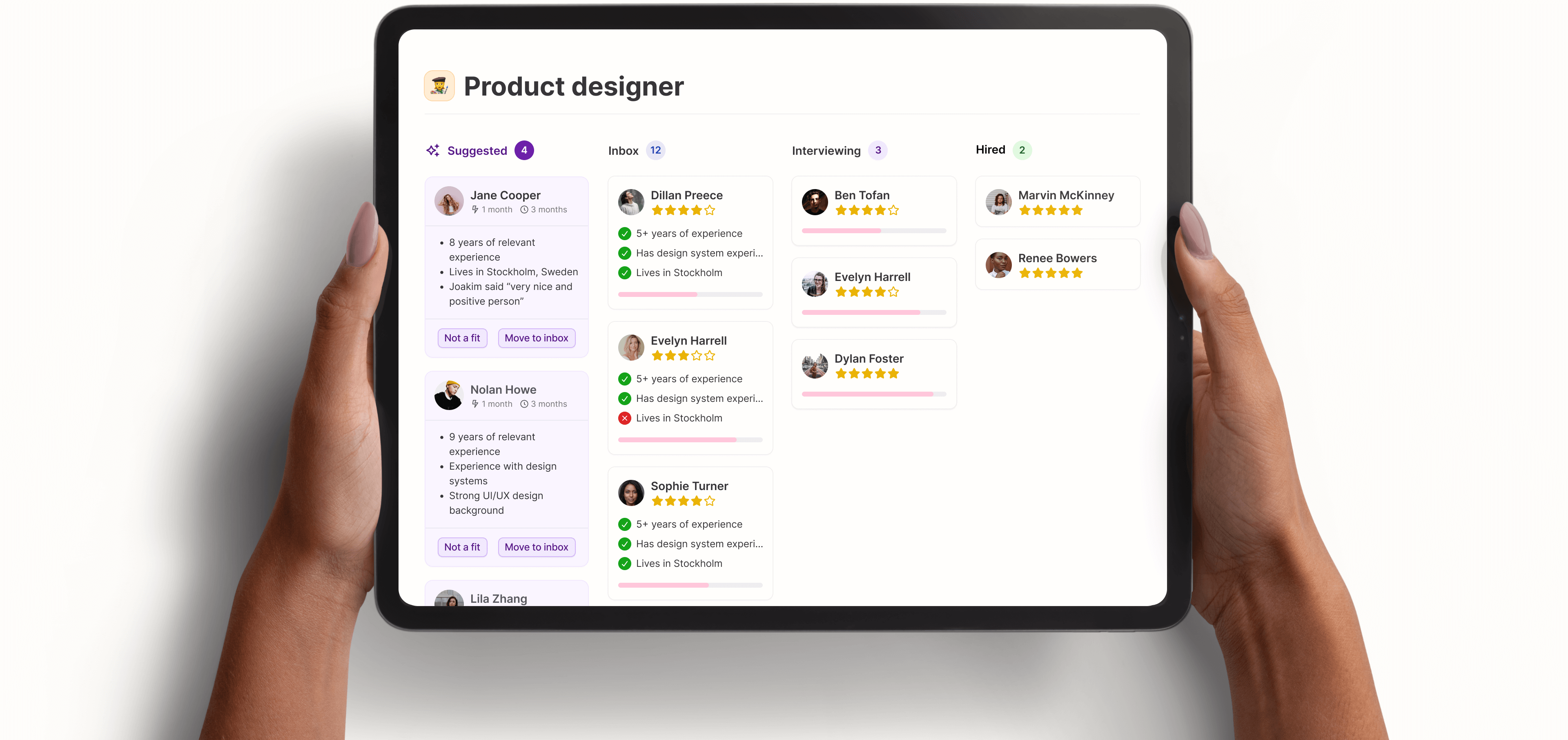 Hands holding a tablet displaying a product designer recruitment dashboard with candidate statuses: Suggested, Inbox, Interviewing, and Hired.
