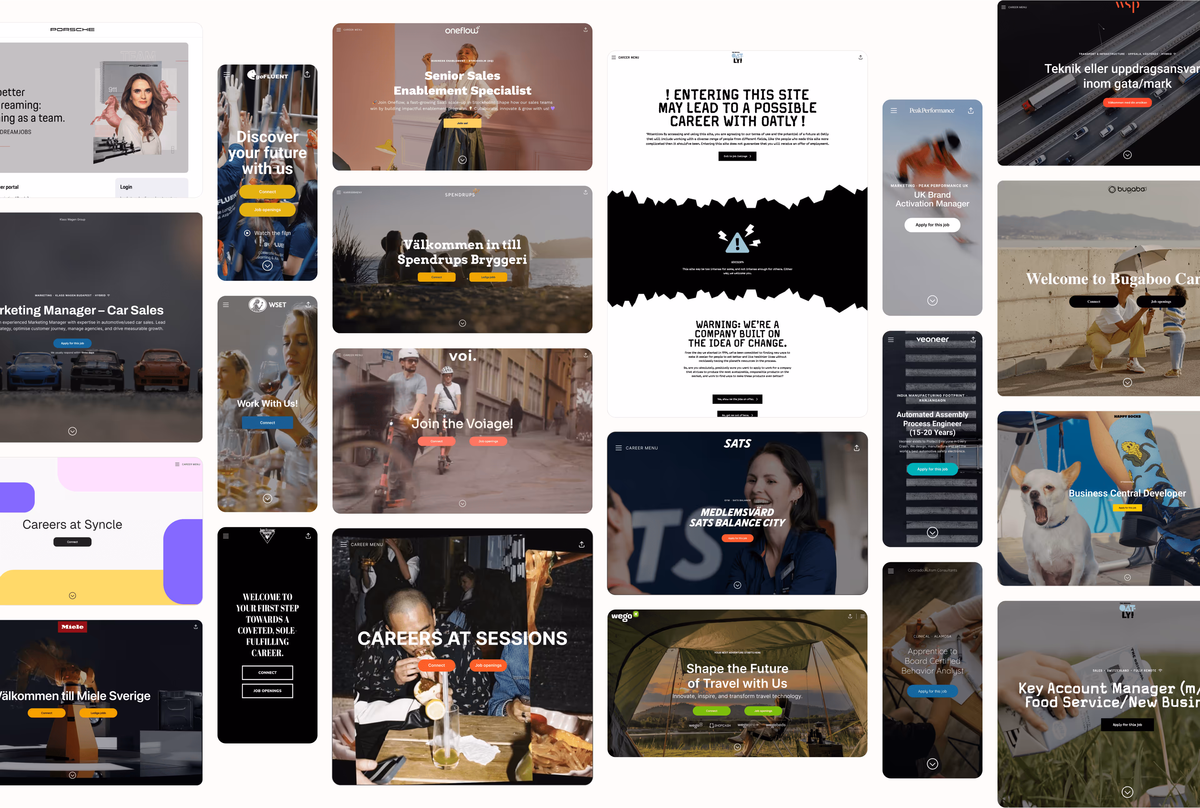 Collage of diverse career site landing pages featuring job titles, people at work, and application buttons.