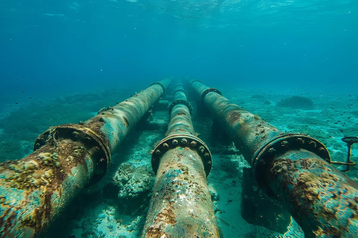 An underwater view of subsea pipelines installed on the seabed, illustrating marine geophysical data support, pipeline surveys, and offshore construction activities.