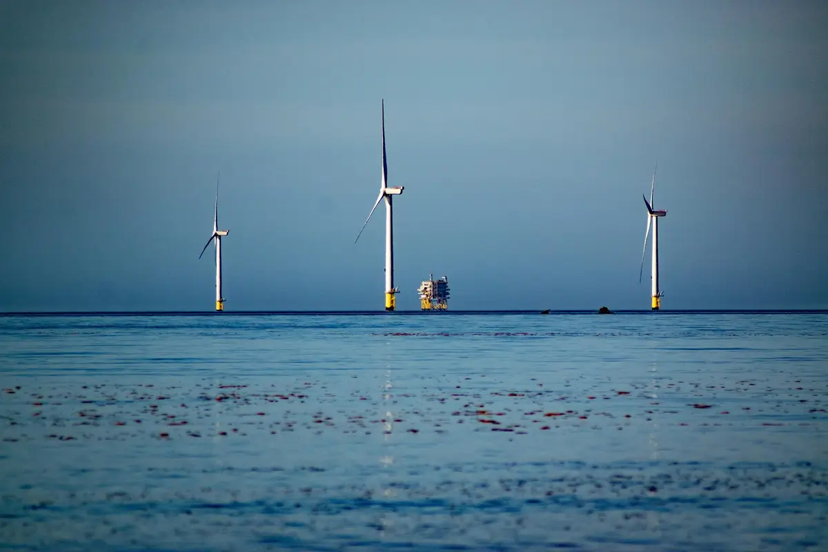 An offshore wind farm with marine wind turbines and a substation platform in the open sea, representing successfully completed end-to-end survey and data support projects across Europe.