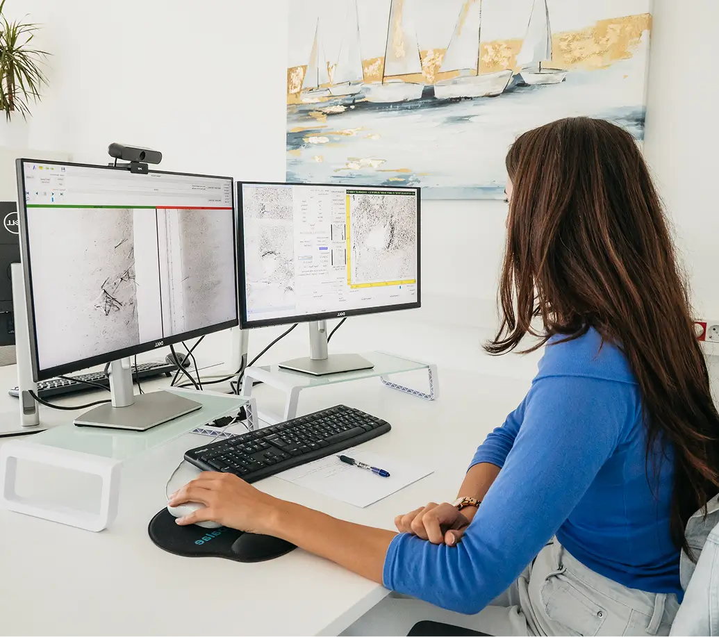 A female geophysics data processor working on dual monitors, analyzing high-resolution marine sonar imagery and side-scan data at the Hidrocibalae office.
