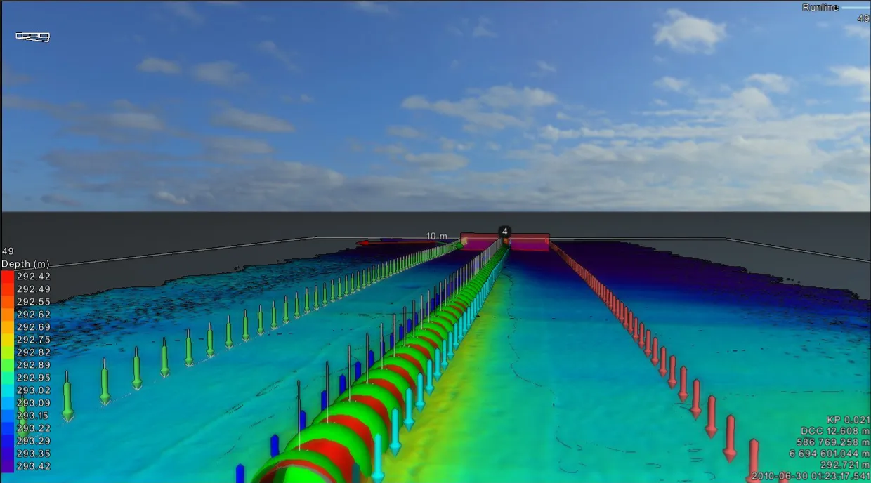 A 3D seabed mapping model of a subsea pipeline inside EIVA NaviModel software, illustrating bathymetric data visualization for offshore construction support and infrastructure monitoring.