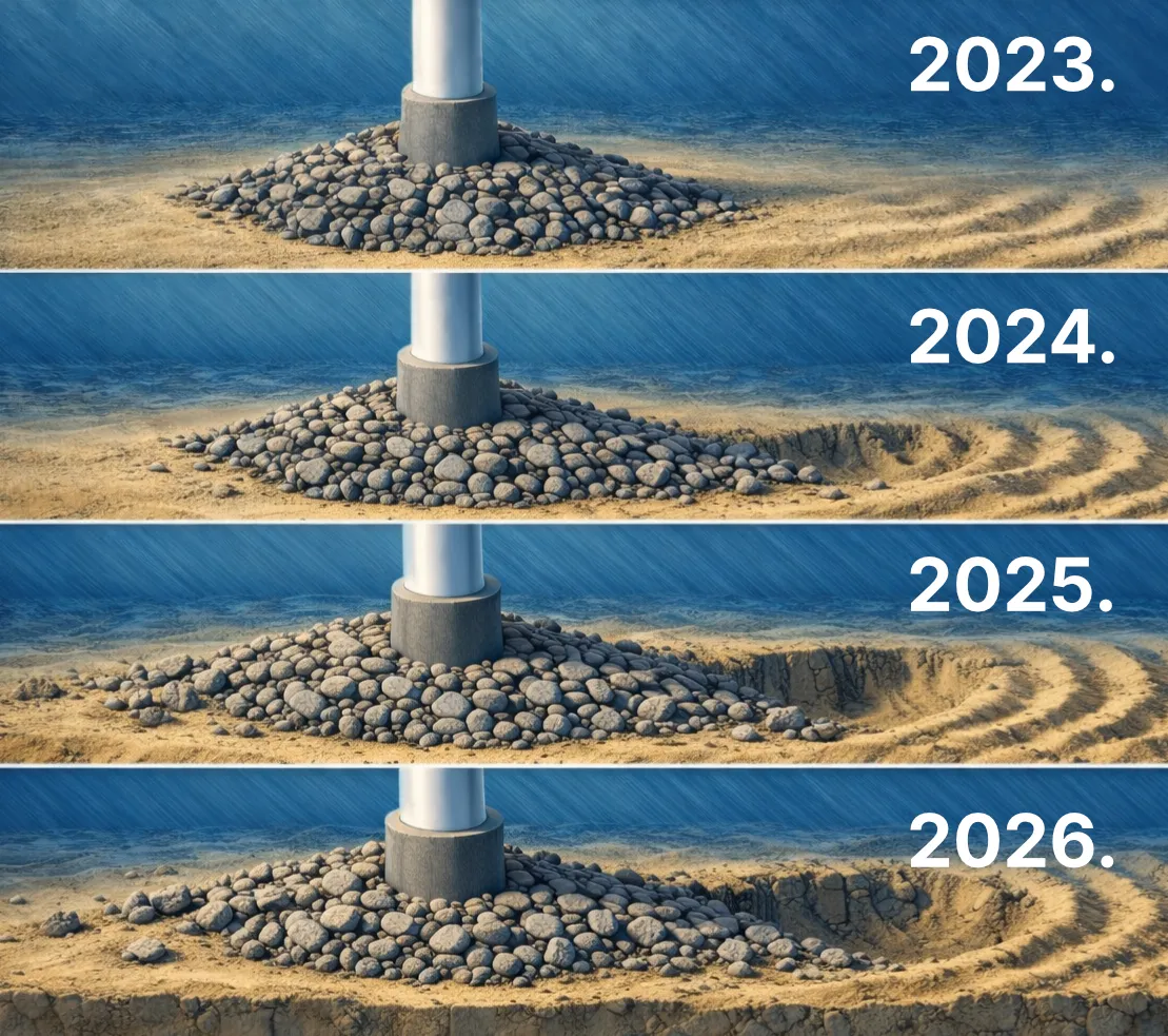 A multi-year time-lapse infographic demonstrating seabed scour development and progressive erosion around a marine foundation, used for subsea geohazard risk assessment and offshore asset lifecycle intelligence.