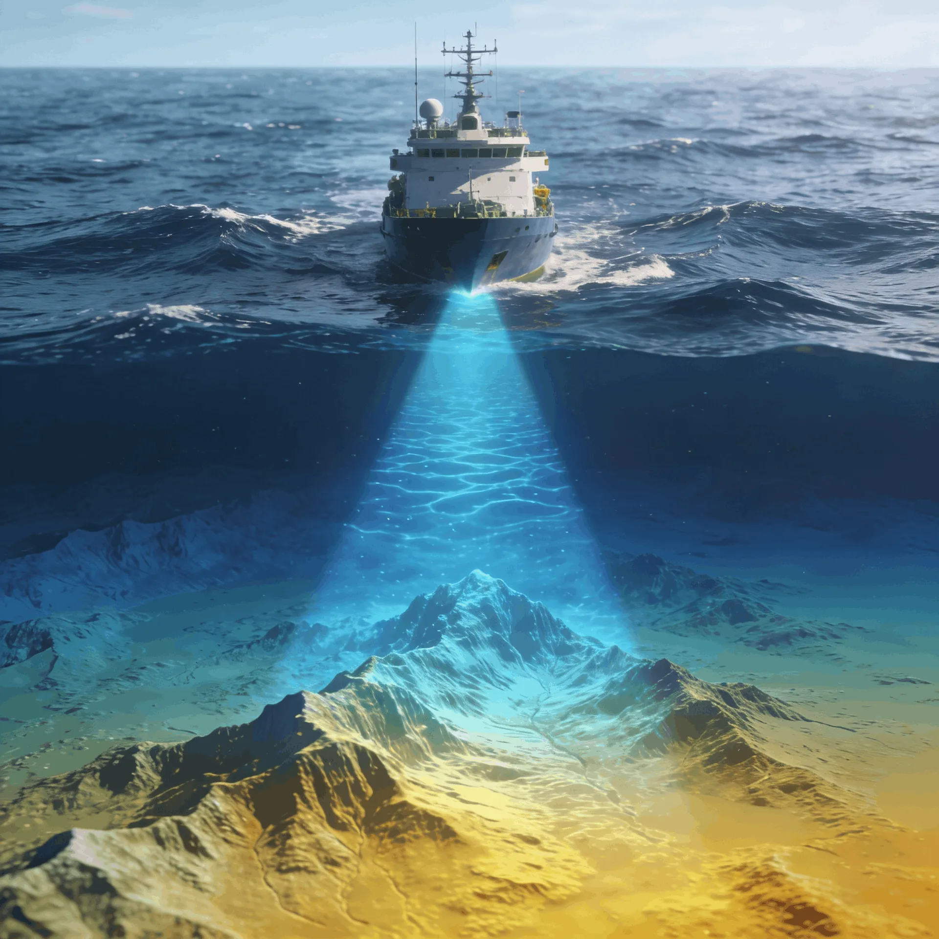 An illustrative visualization of a remote online survey supported by a survey vessel in the open sea, demonstrating integrated real-time monitoring, quality control, and data deliverables production.