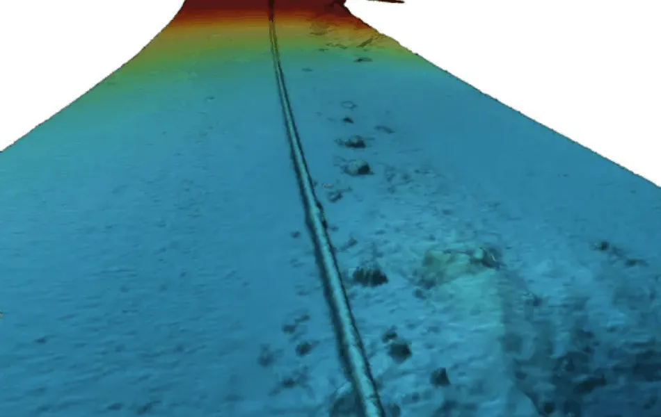 A 3D multibeam echosounder (MBES) bathymetry model of a subsea pipeline on the seabed floor, illustrating pipeline inspection data and seafloor features.