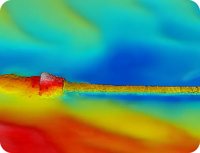 High-resolution multibeam echosounder (MBES) 3D bathymetric mapping showcase, displaying detailed seabed topography, depth gradients, and subsea structures.