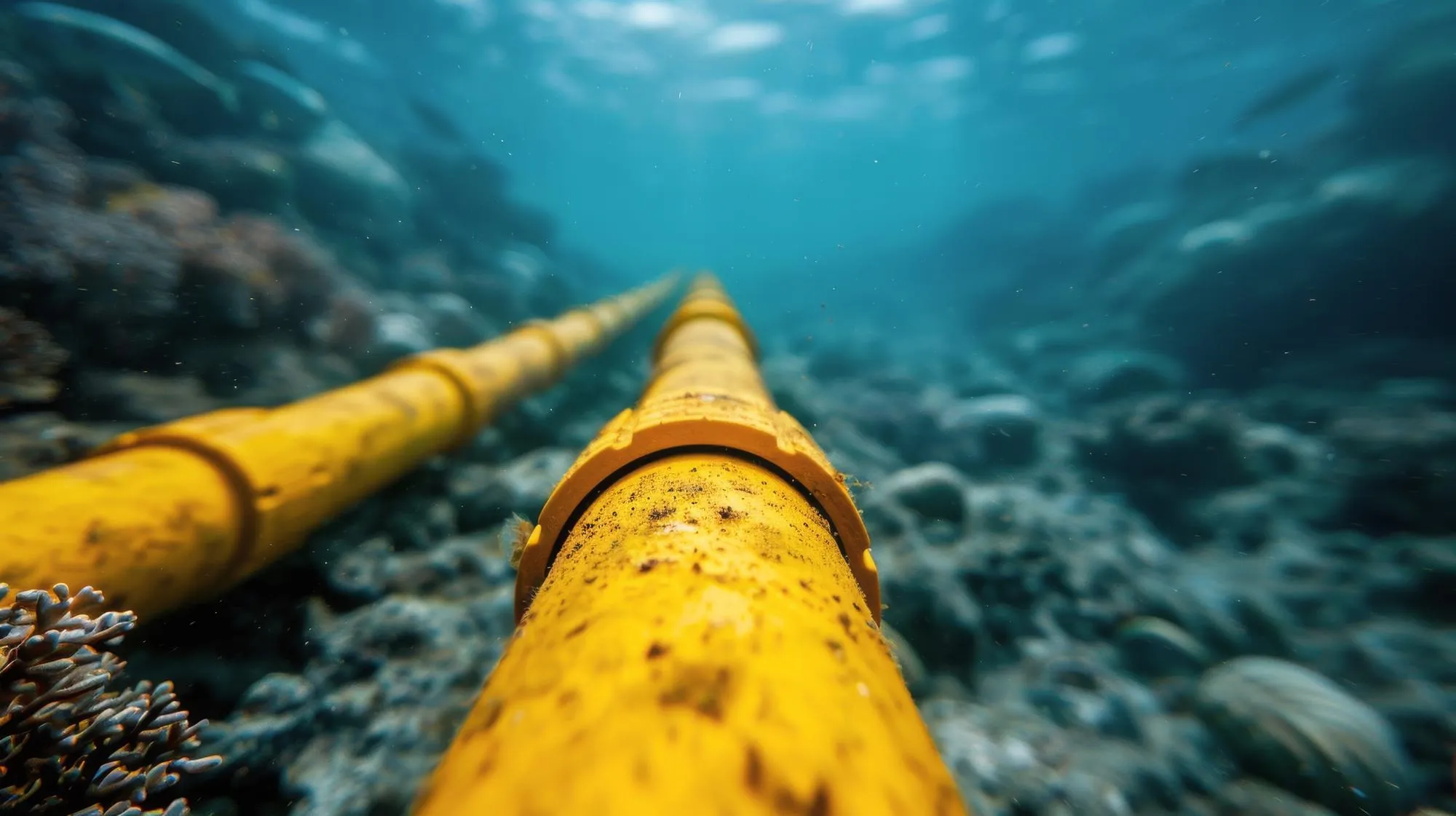Close-up underwater view of a yellow subsea pipeline installed on the seabed floor for offshore energy transport.