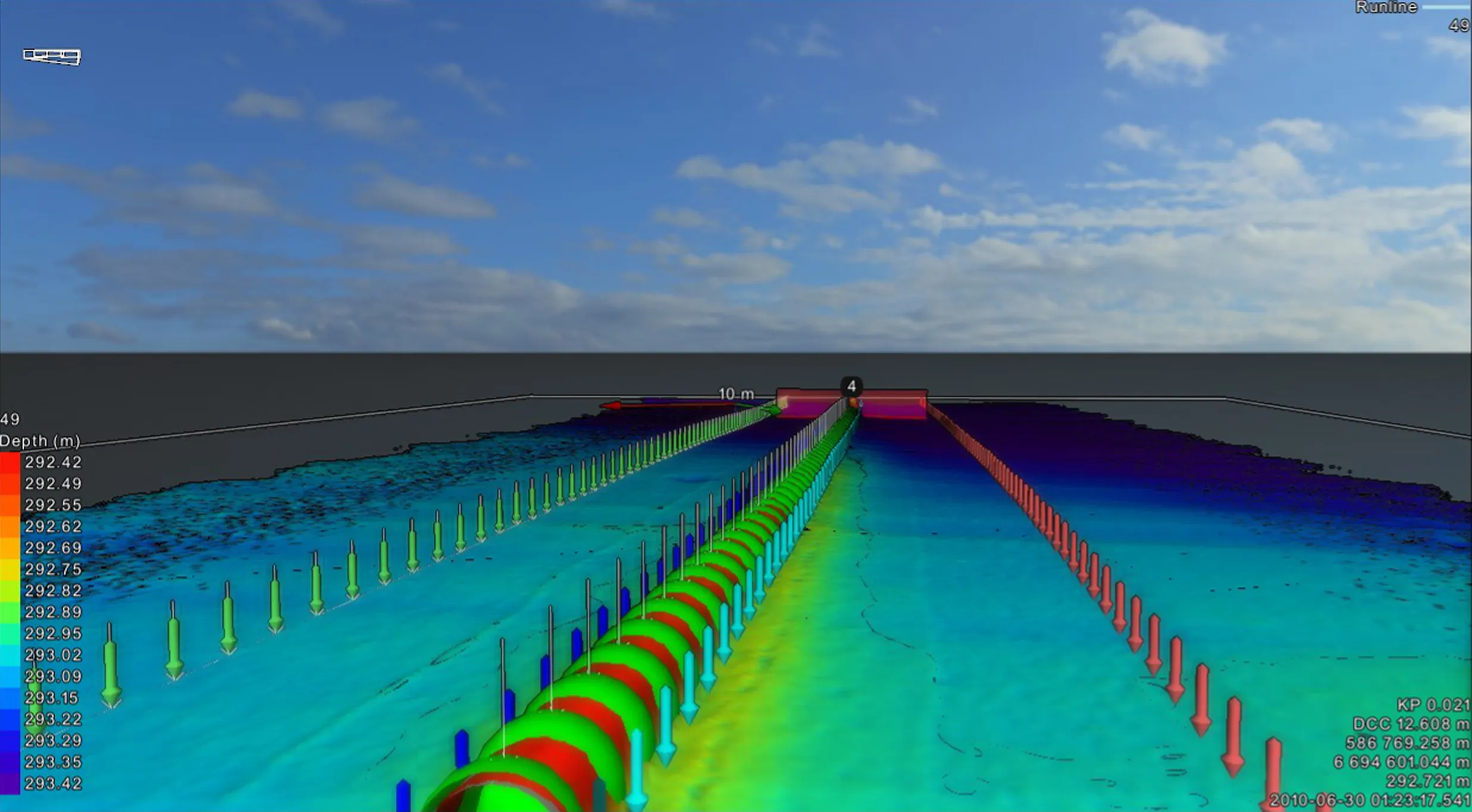 A 3D seabed mapping model of a subsea pipeline inside EIVA NaviModel software, illustrating bathymetric data visualization for offshore construction support and infrastructure monitoring.