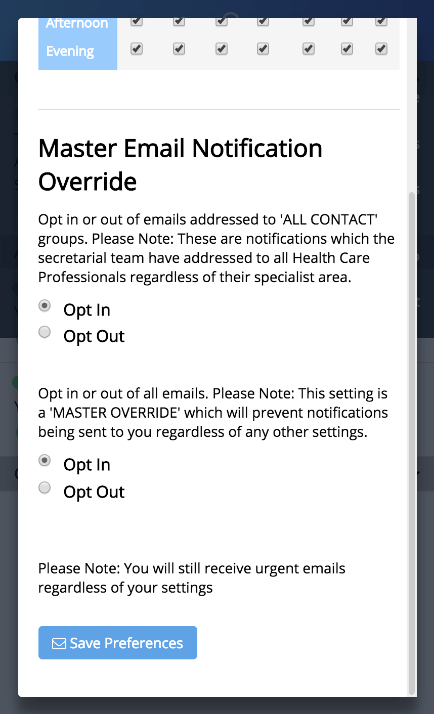 Email notification settings for master override with opt-in and opt-out radio buttons and a button labeled Save Preferences.