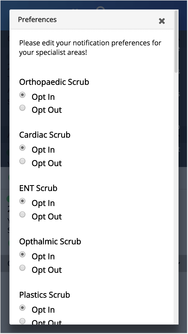 Popup window titled Preferences asking to edit notification preferences for specialist areas with options to opt in or out for Orthopaedic, Cardiac, ENT, Opthalmic, and Plastics scrub categories.