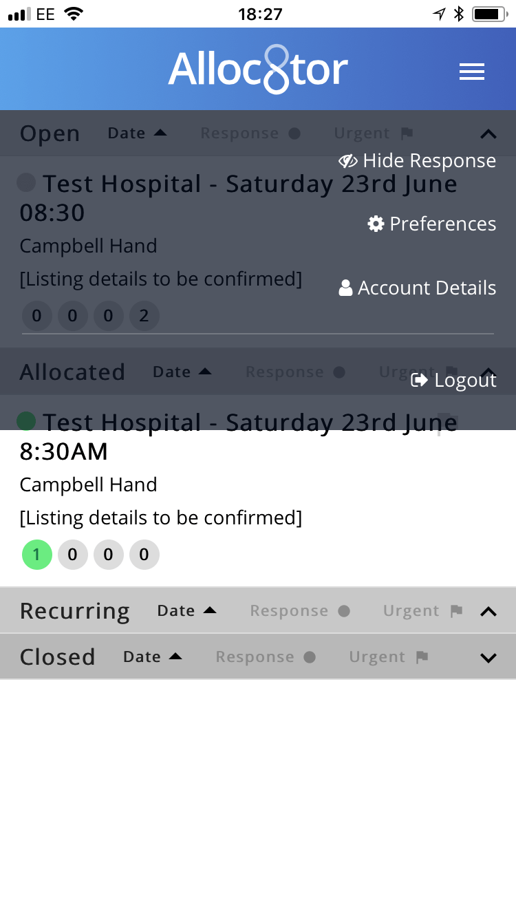 Alloc8tor app interface showing open and allocated shifts for Test Hospital on Saturday 23rd June 8:30AM with Campbell Hand assigned and response status icons.