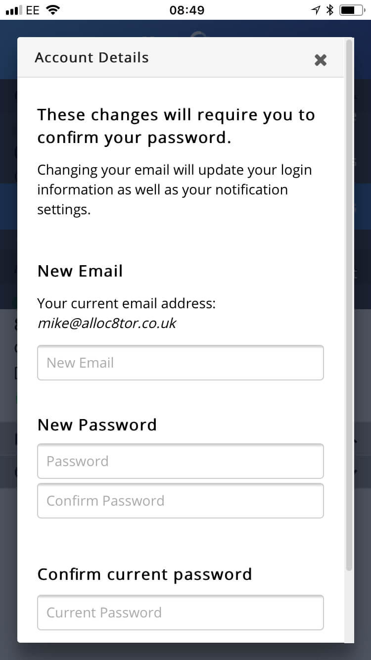 Account Details form requiring confirmation of password to change email, with fields for new email, new password, confirm password, and current password.