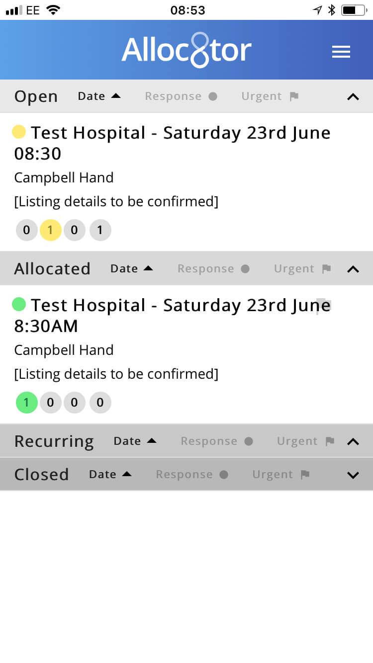 Alloc8tor app screen showing hospital schedules for Test Hospital on Saturday 23rd June at 08:30 and 8:30 AM, with status indicators and listings to be confirmed.