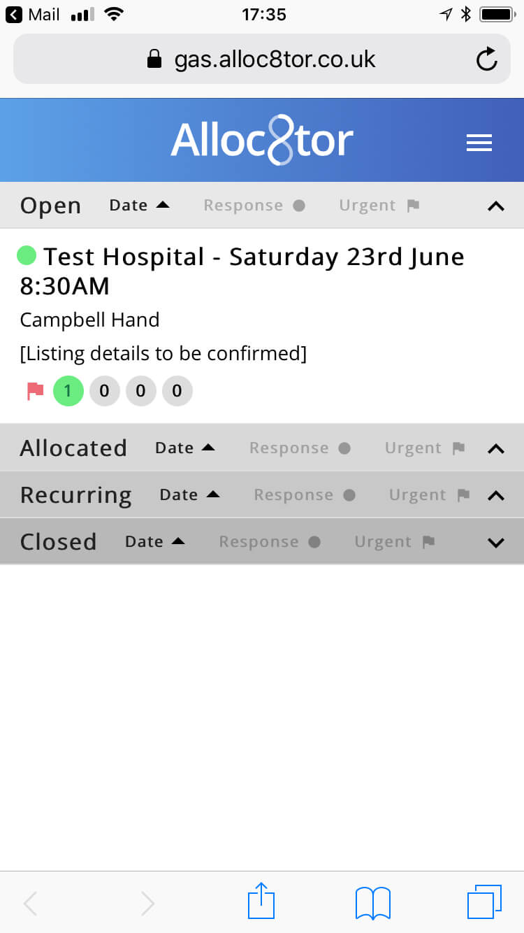 Alloc8tor webpage showing an open booking for Test Hospital on Saturday 23rd June at 8:30 AM by Campbell Hand with status icons and tabs for Allocated, Recurring, and Closed.