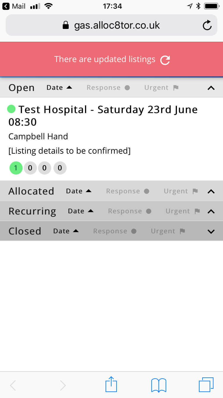 Mobile screen showing gas.alloc8tor.co.uk site with an updated listing for Test Hospital on Saturday 23rd June 08:30, assigned to Campbell Hand, and tabs for Open, Allocated, Recurring, and Closed listings.