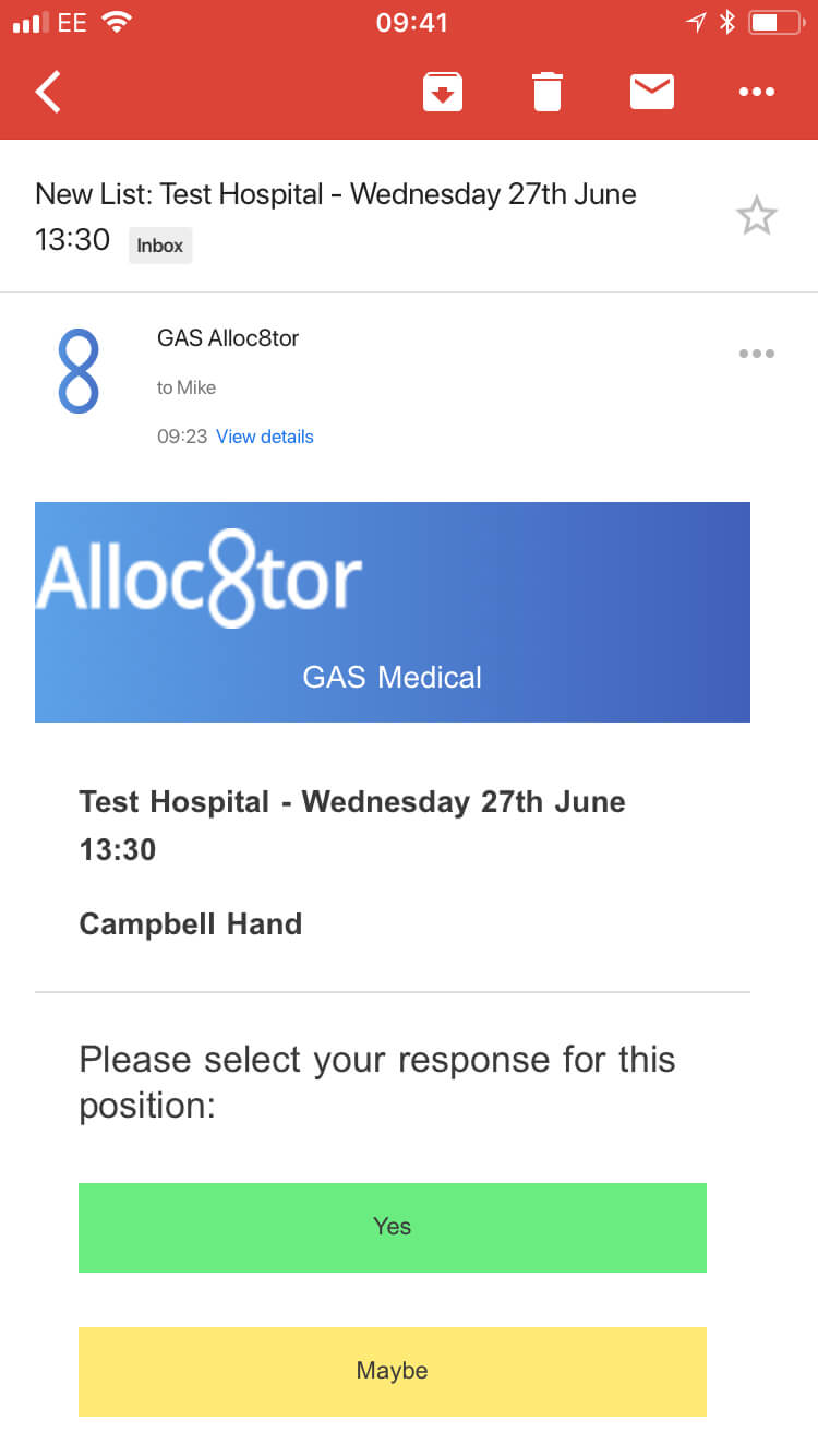Email from GAS Alloc8tor to Mike about a new list for Test Hospital on Wednesday 27th June at 13:30, asking to select response Yes or Maybe.
