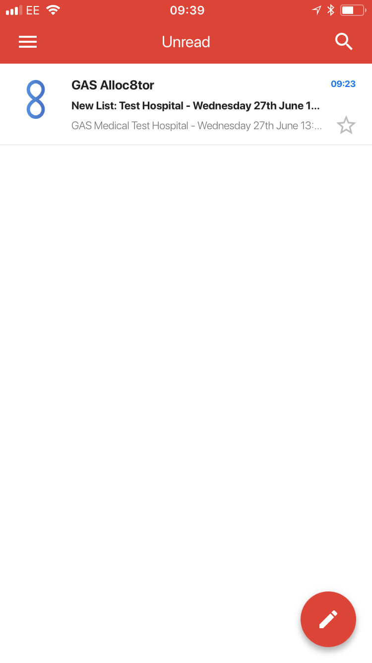 Mobile app screen showing an unread message from GAS Alloc8tor about a new list for Test Hospital dated Wednesday 27th June, with a red pencil icon for composing a new message.