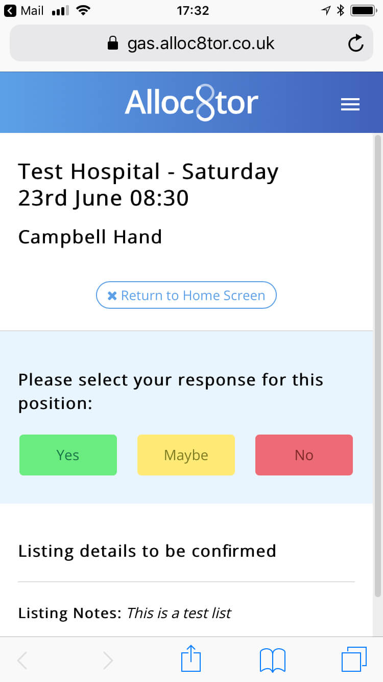 Mobile webpage showing a shift confirmation for Test Hospital on Saturday 23rd June at 08:30 with options to respond Yes, Maybe, or No.