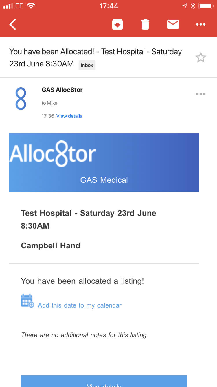 Email notification from GAS Alloc8tor to Mike about allocation at Test Hospital on Saturday 23rd June at 8:30 AM with option to add to calendar.