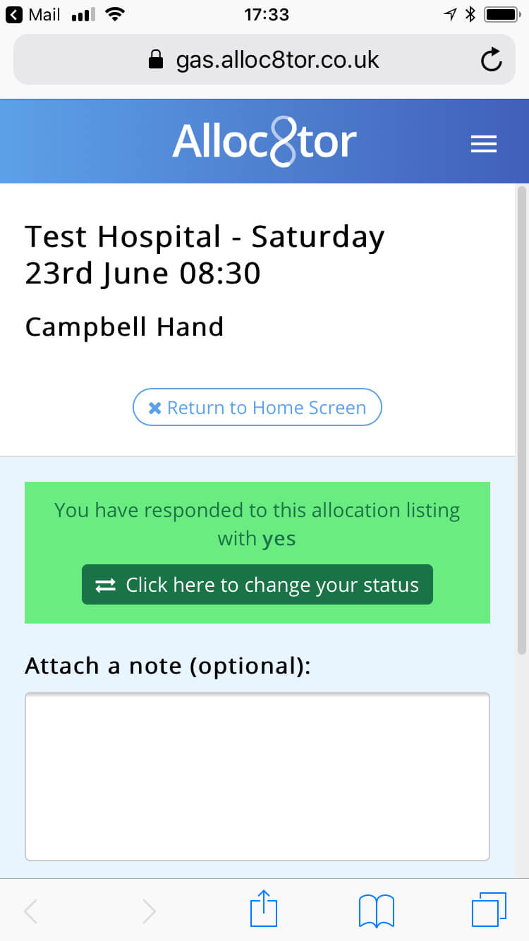 Mobile screen showing an allocation confirmation for Test Hospital on Saturday 23rd June at 08:30 for Campbell Hand, with a green box confirming response as yes and option to change status, plus a text area to attach a note.