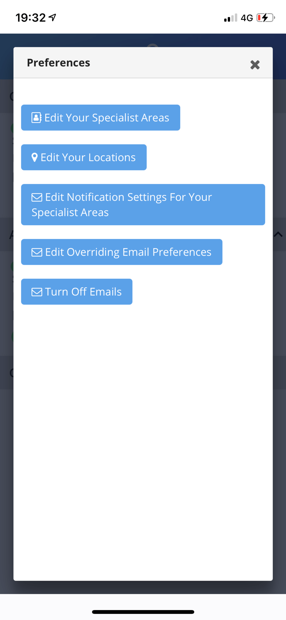 Mobile screen showing a Preferences menu with options to edit specialist areas, locations, notification settings, email preferences, and turn off emails.