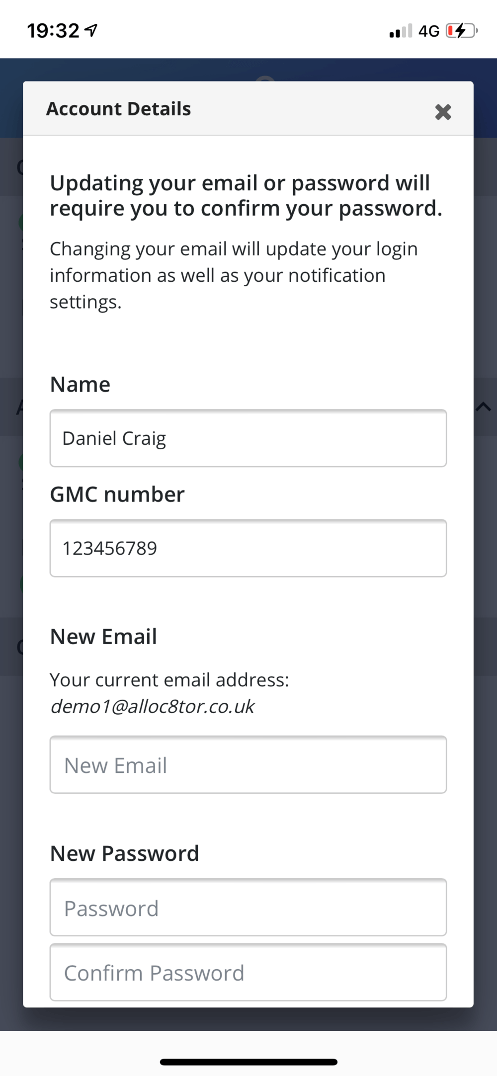 Account details form with fields for Name: Daniel Craig, GMC number: 123456789, New Email, New Password, and Confirm Password; note that updating email or password requires password confirmation.