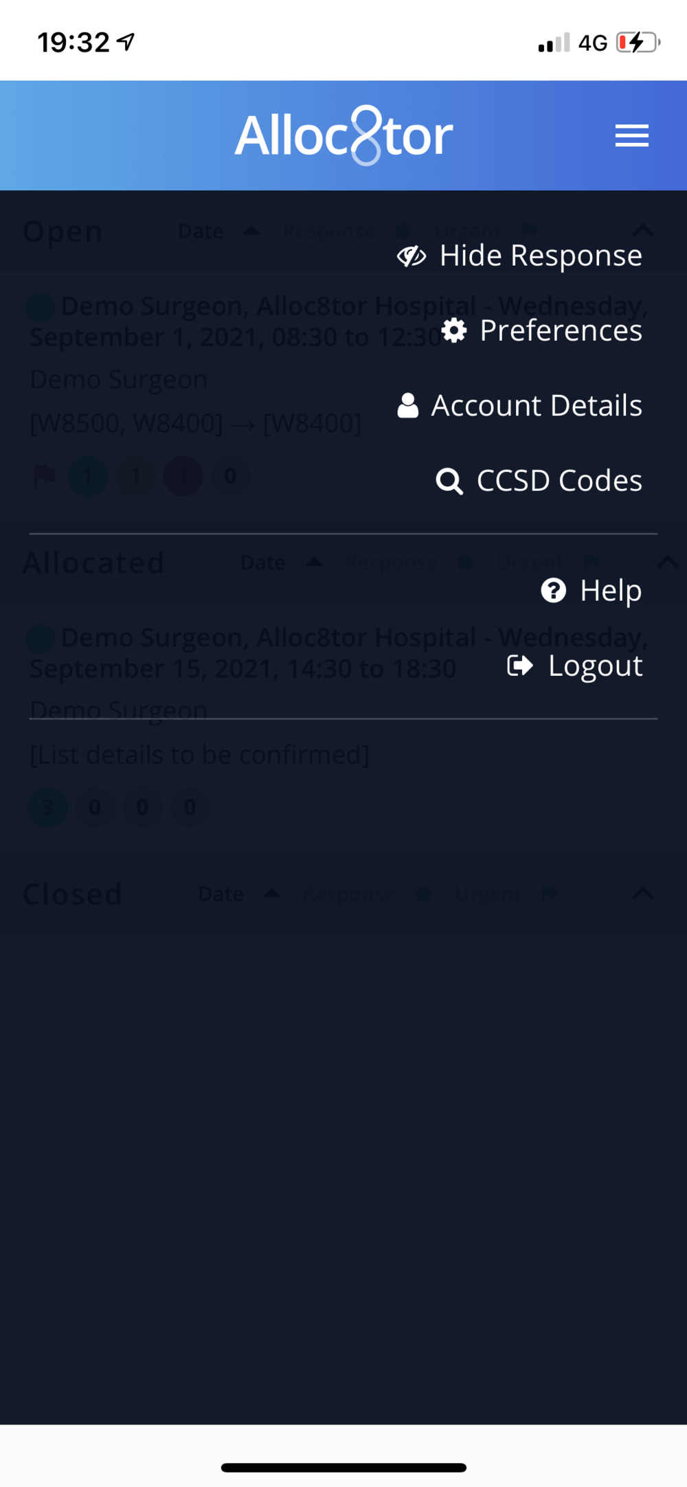 Alloc8tor app interface displaying menu options including Hide Response, Preferences, Account Details, CCSD Codes, Help, and Logout with schedule details for Demo Surgeon.