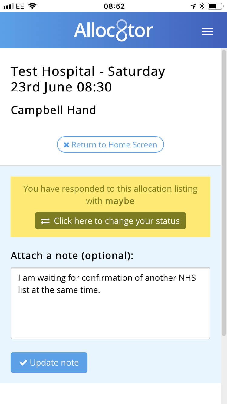 Alloc8tor app screen showing an allocation for Test Hospital on Saturday 23rd June at 08:30 with Campbell Hand. The user responded maybe, with option to change status, and a note stating waiting for confirmation of another NHS list.