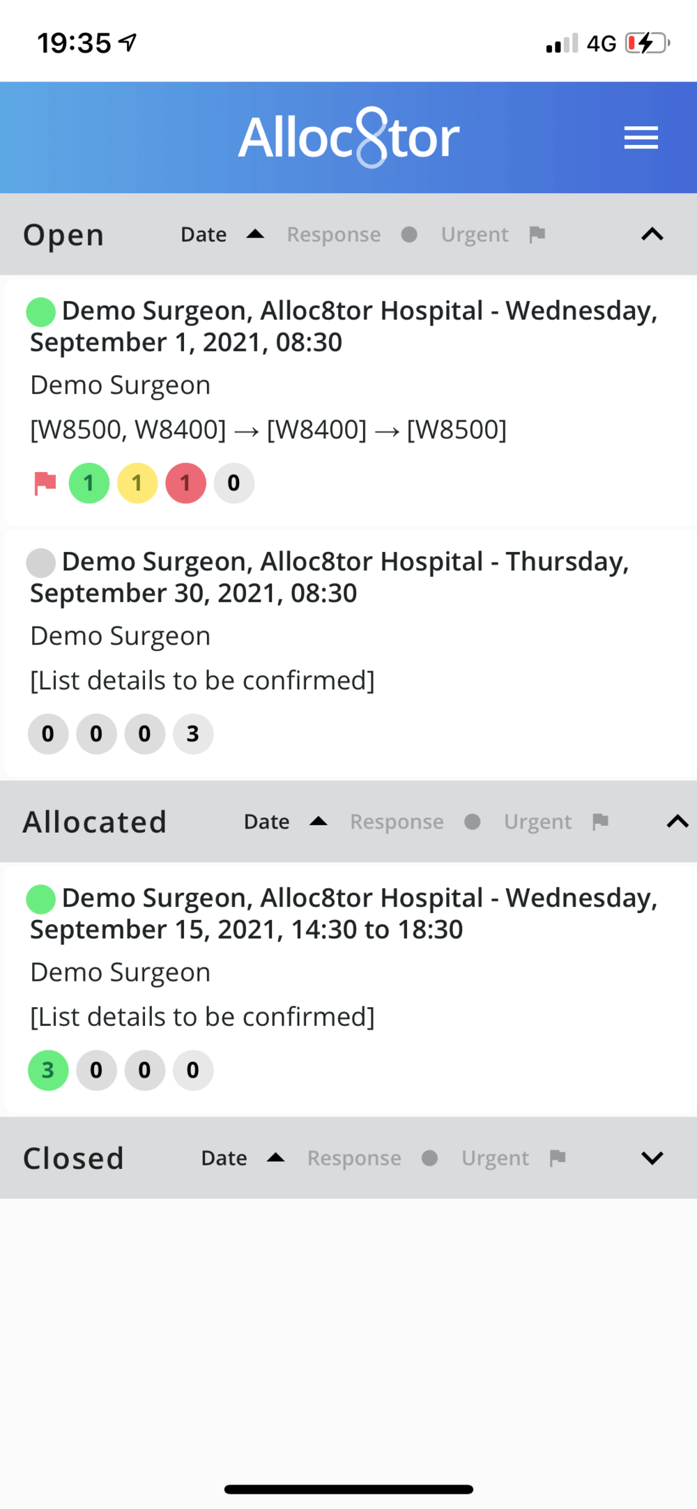 Alloc8tor app screen showing Open and Allocated cases for Demo Surgeon at Alloc8tor Hospital with dates, flags, and status indicators.