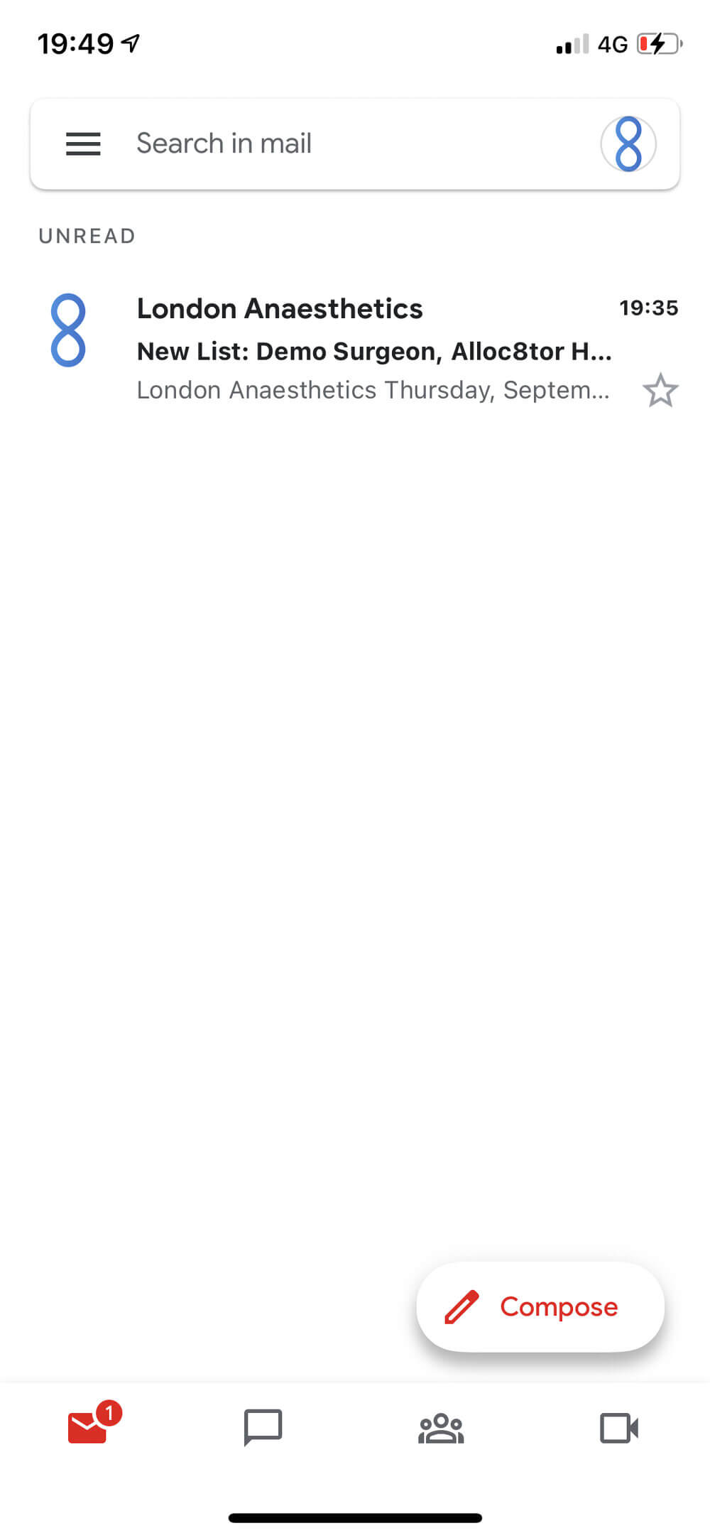 Mobile email app screen showing one unread email from London Anaesthetics about a new list for Demo Surgeon, timestamped 19:35, with compose button and navigation icons visible.