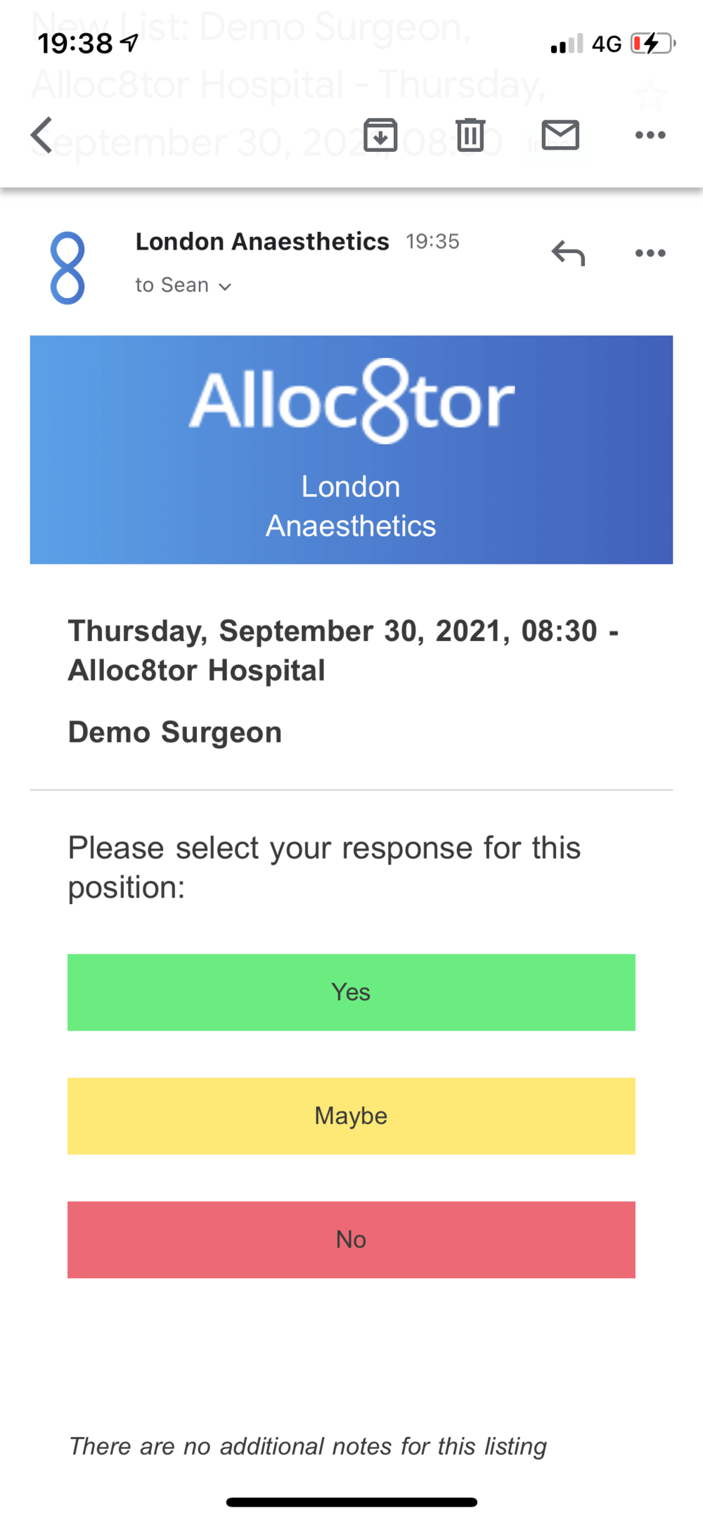 Email from London Anaesthetics with Alloc8tor branding asking Demo Surgeon to respond Yes, Maybe, or No for a hospital position on Thursday, September 30, 2021, at 08:30.