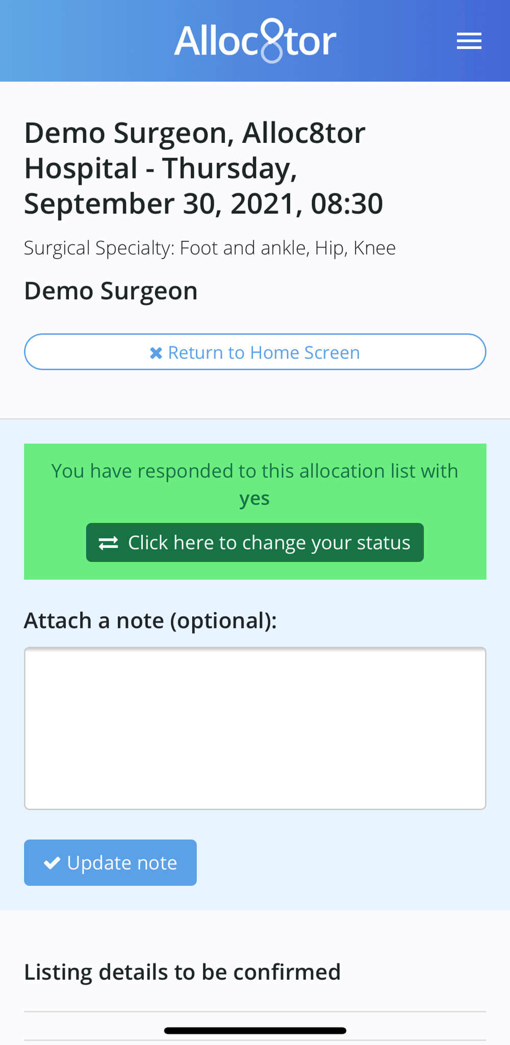 Allocation confirmation screen for Demo Surgeon at Alloc8tor Hospital on Thursday, September 30, 2021, 08:30, with option to attach a note and update status.