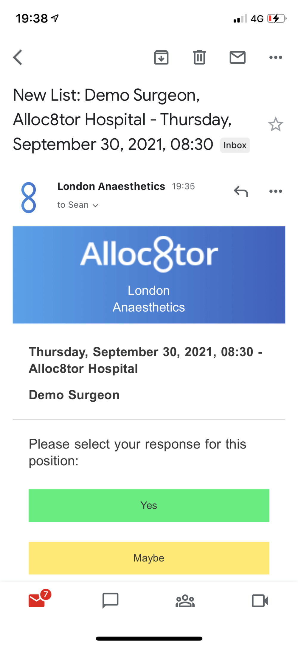Email from London Anaesthetics asking Demo Surgeon to confirm availability for Alloc8tor Hospital on Thursday, September 30, 2021, at 08:30 with response options Yes and Maybe.