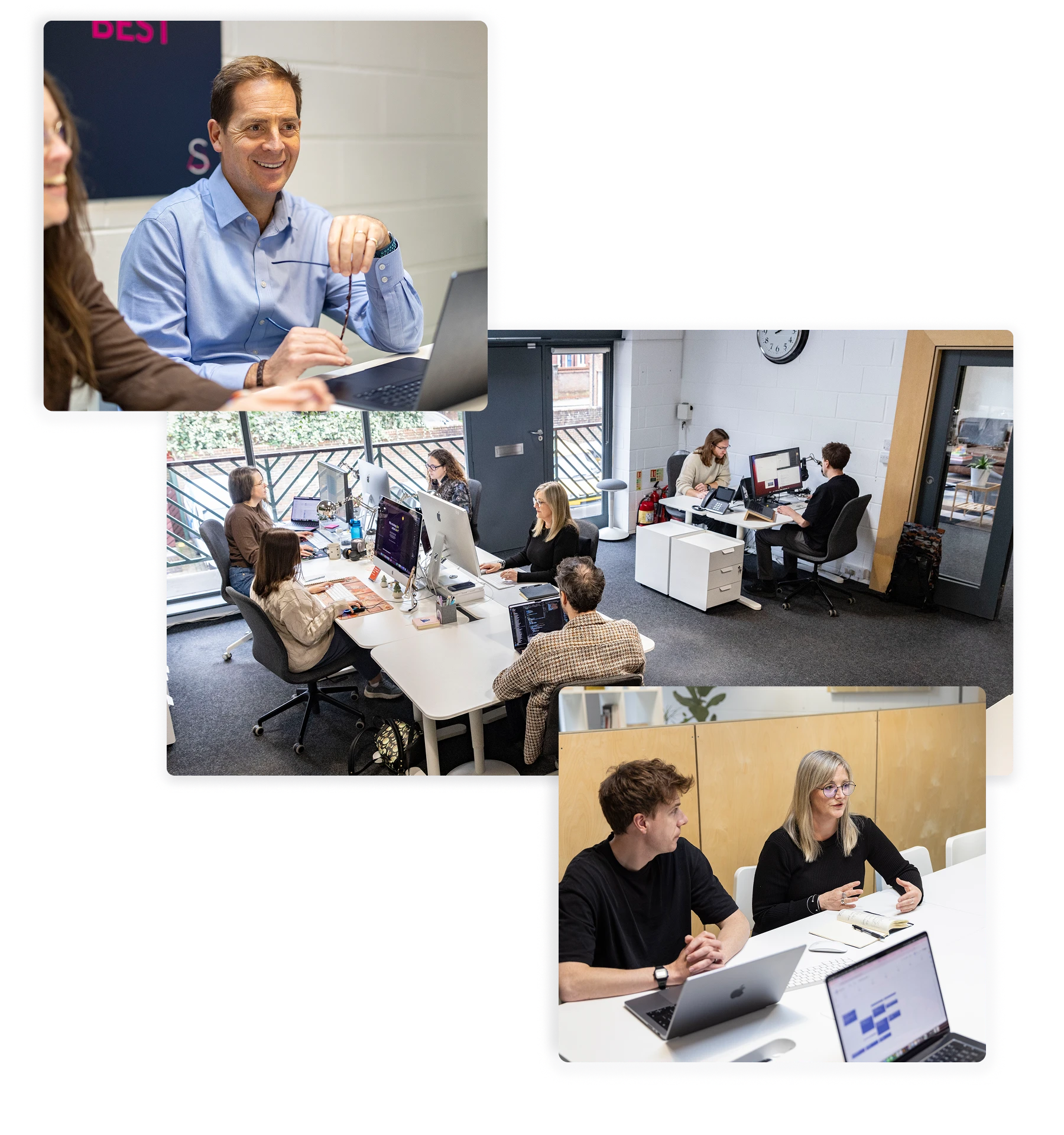 Collage showing office scenes with people collaborating: a man smiling while holding glasses by a laptop, a group working at desks with computers, and two colleagues discussing at a table with laptops and notes.