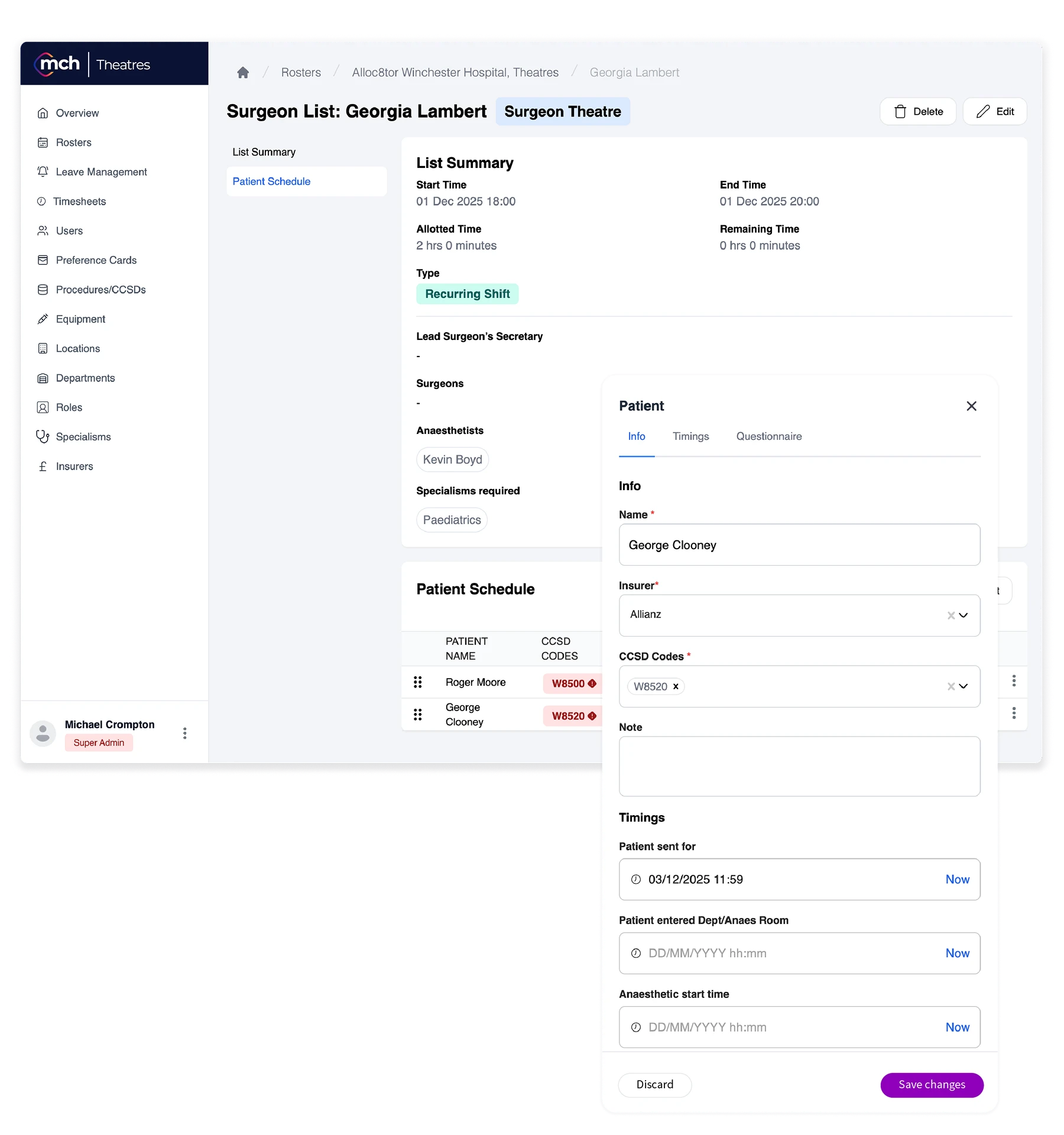 Surgeon roster interface showing a list for Georgia Lambert with patient details and an open form editing patient George Clooney's info and timings.