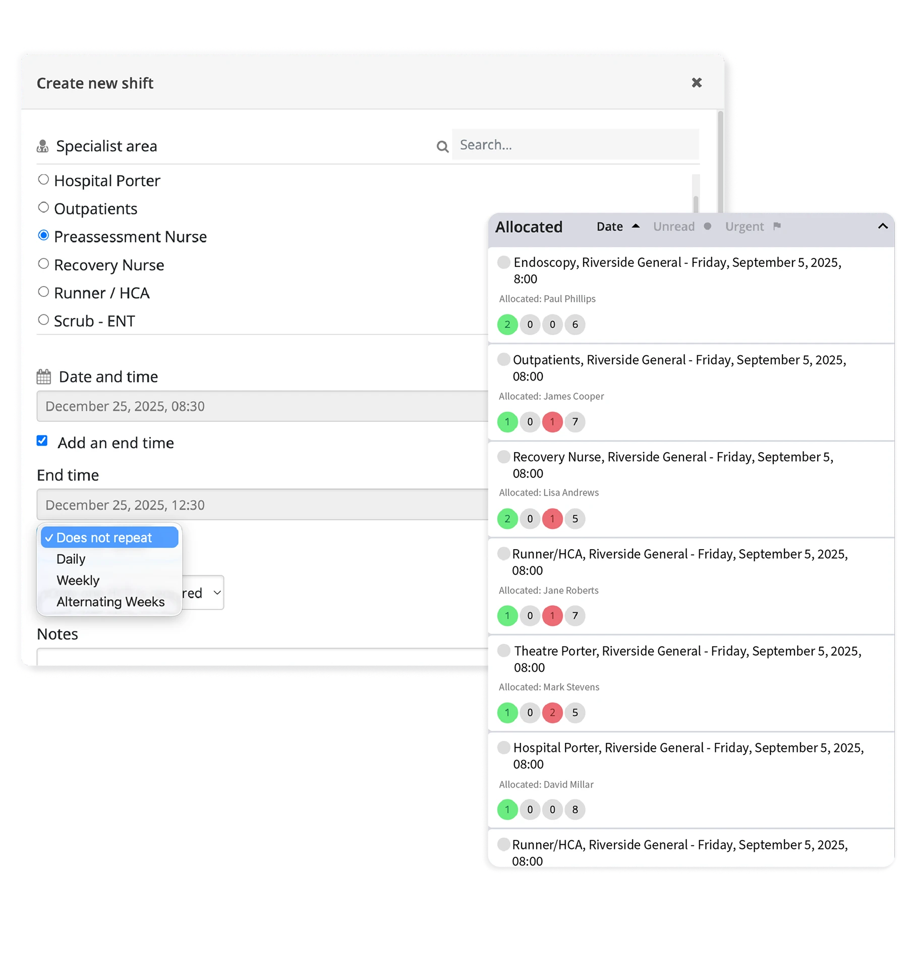 User interface screen for creating a new shift selecting specialist area as Preassessment Nurse, date and time fields with repeat options, and a list of allocated shifts with dates, times, and assigned staff names.